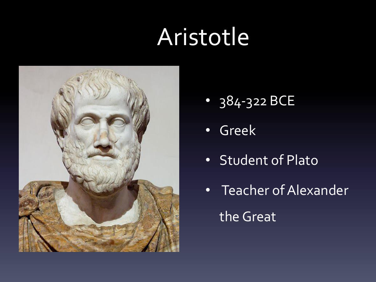 Aristotle. 384-322 BCE. Greek. Student of Plato. Teacher of Alexander the Great