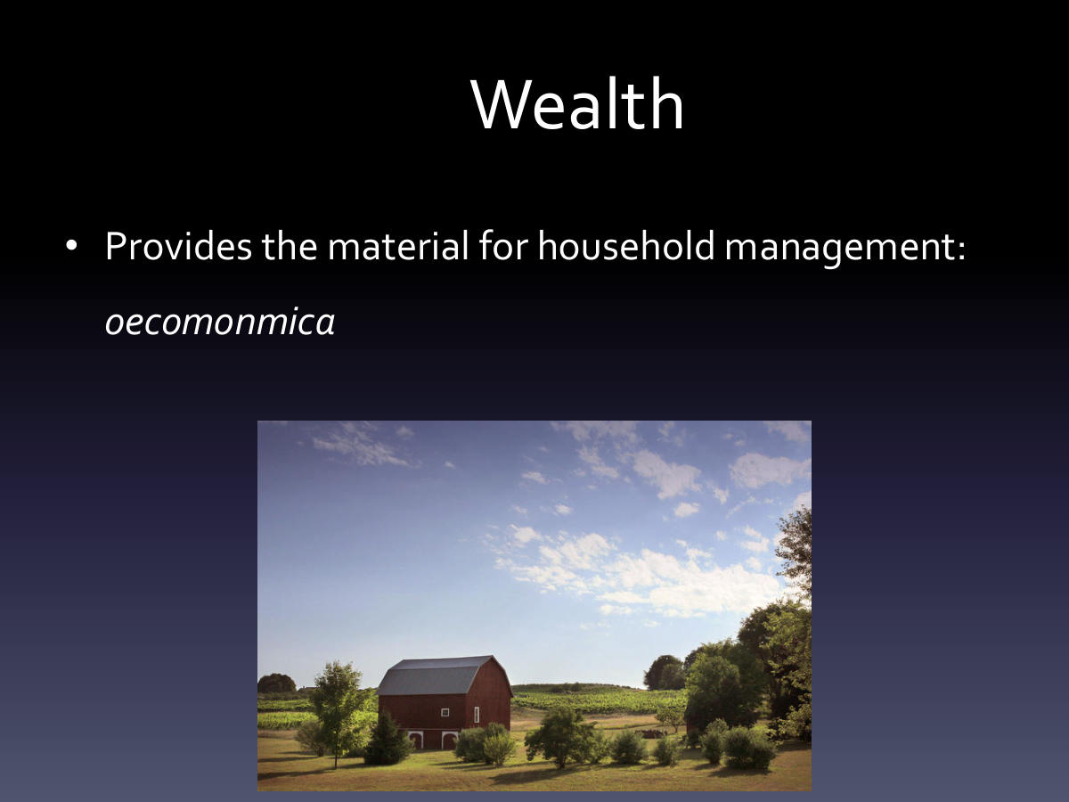 Wealth. Provides the material for household management: oecomonmica