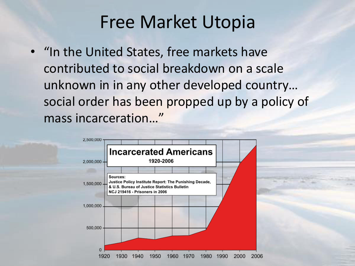 Free Market Utopia. “In the United States, free markets have contributed to social breakdown on a scale unknown in in any other developed country… social order has been propped up by a policy of mass incarceration…”