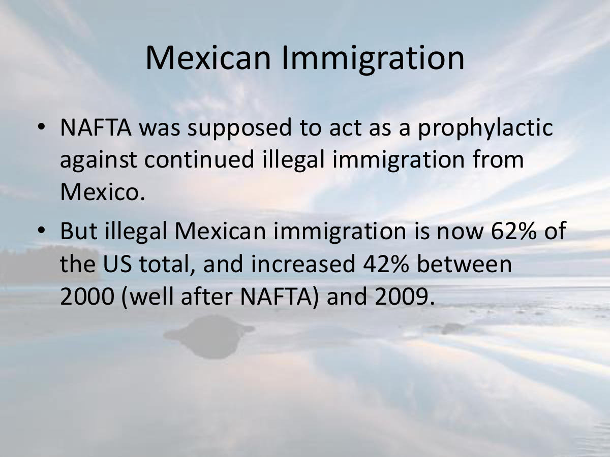 Mexican Immigration. NAFTA was supposed to act as a prophylactic against continued illegal immigration from Mexico. But illegal Mexican immigration is now 62% of the US total, and increased 42% between 2000 (well after NAFTA) and 2009.