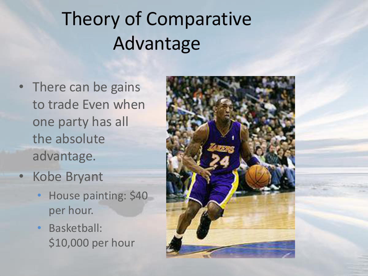 Theory of Comparative Advantage. There can be gains to trade Even when one party has all the absolute advantage. Kobe Bryant. House painting: $40 per hour. Basketball: $10,000 per hour