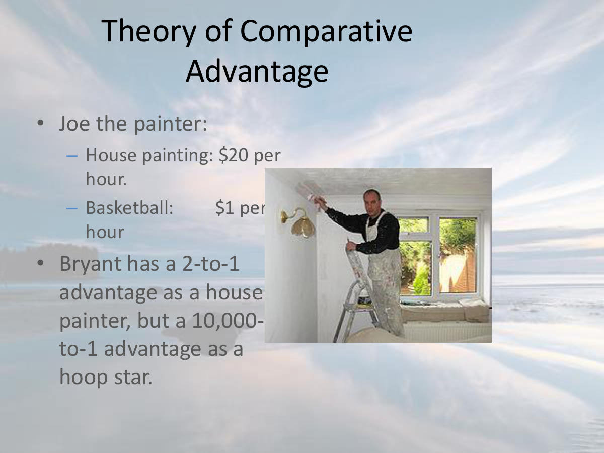 Theory of Comparative Advantage. Joe the painter: House painting: $20 per hour. Basketball: $1 per hour. Bryant has a 2-to-1 advantage as a house painter, but a 10,000-to-1 advantage as a hoop star.