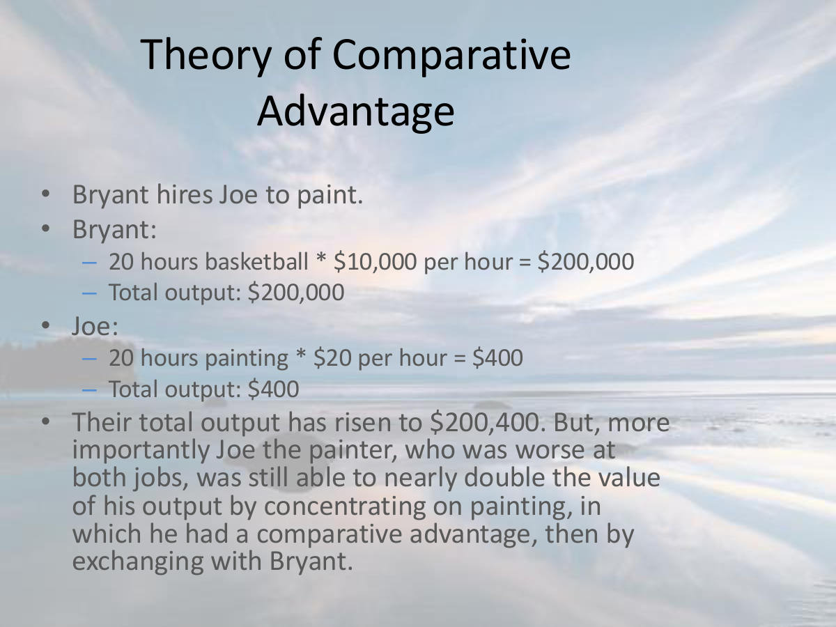 Theory of Comparative Advantage. Bryant hires Joe to paint. Bryant: 20 hours basketball * $10,000 per hour = $200,000. Total output: $200,000. Joe: 20 hours painting * $20 per hour = $400. Total output: $400. Their total output has risen to $200,400. But, more importantly Joe the painter, who was worse at both jobs, was still able to nearly double the value of his output by concentrating on painting, in which he had a comparative advantage, then by exchanging with Bryant.