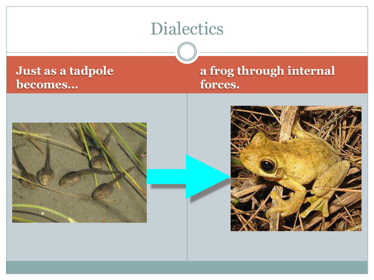 Dialectics. Just as a tadpole becomes… a frog through internal forces.