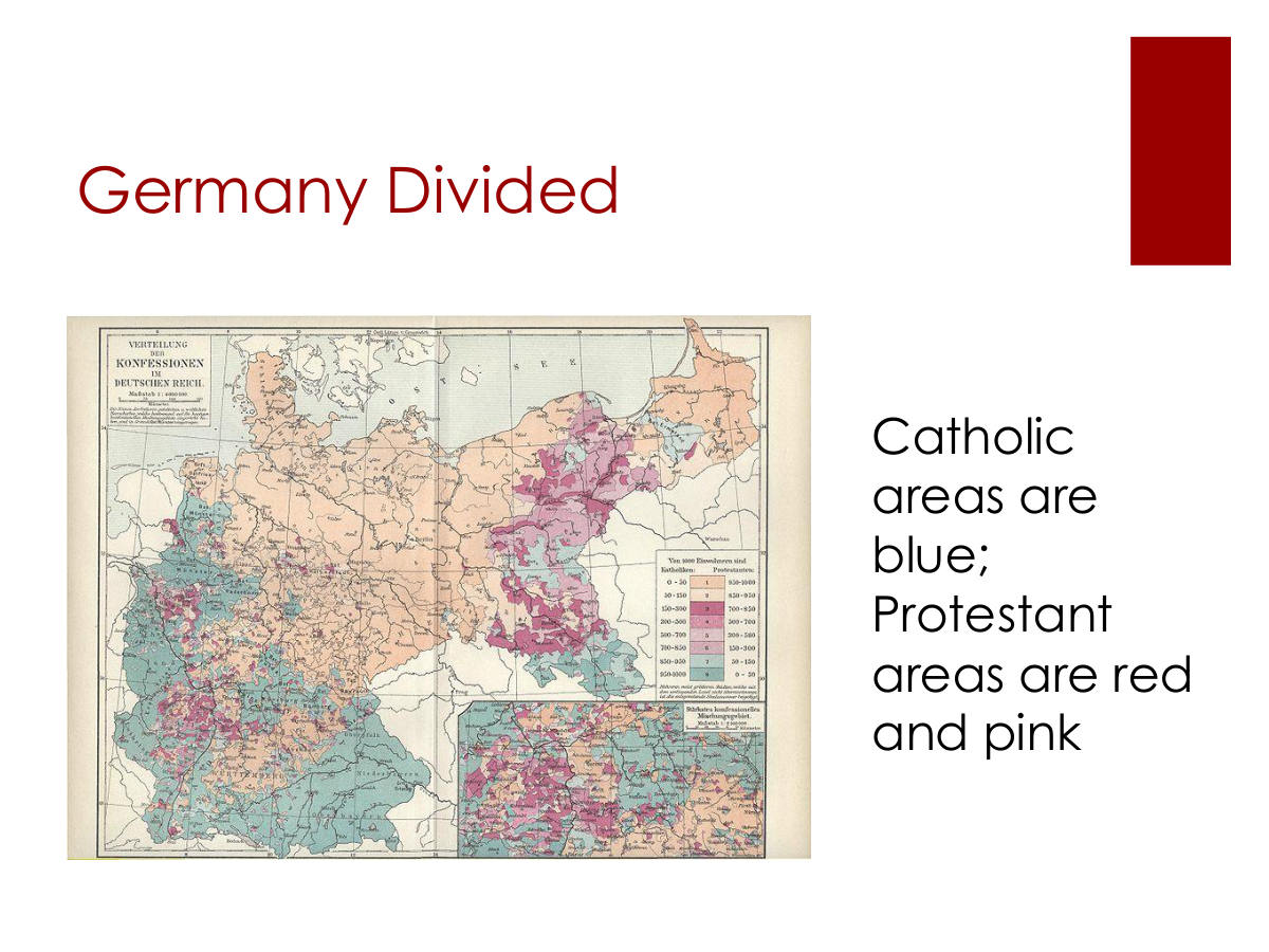 Germany Divided. Catholic areas are blue; Protestant areas are red and pink