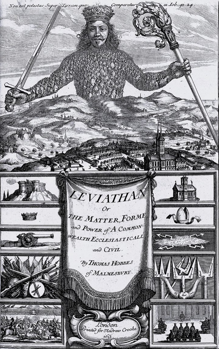 The frontispiece of Hobbes's Leviathan: a crowned giant, made of
many people, rising over the land with sword and crozier