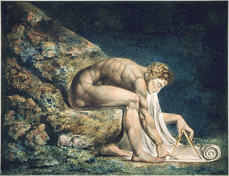 Blake's Newton: a nude figure crouched on a rock at the bottom of the sea, bent over a scroll, measuring with a pair of compasses
