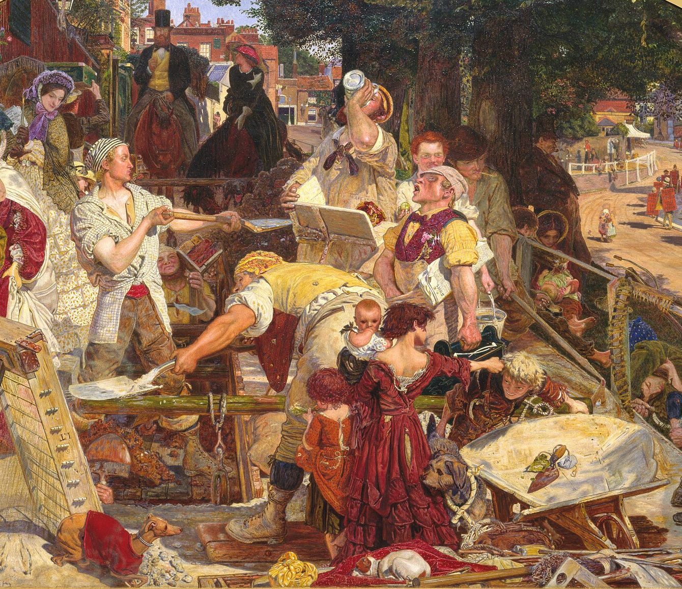 Ford Madox Brown's painting Work: navvies digging up a Hampstead
street in the sun while gentlemen, a flower-seller and ragged children look
on